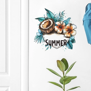 Detail of tropical fruit wall sticker with coconut and hibiscus on a white wall