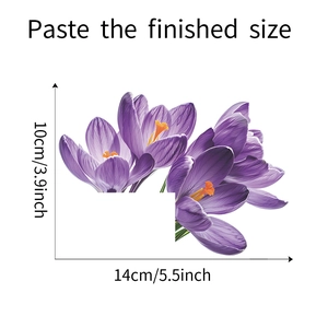Detail view of purple crocus flower wall sticker with precise pasted dimensions shown