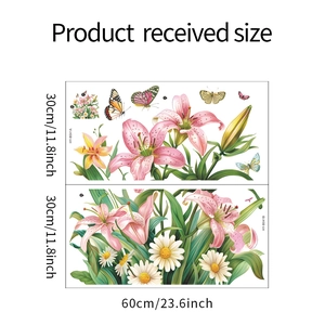 Detail showing two sheets of pink lily and butterfly wall stickers with size 30x60cm