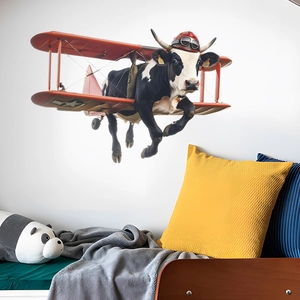Adesivo murale mucca pilota su aereo rosso vintage per decorazione camera bambini