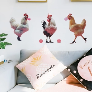 Three creative rooster blowing bubbles wall decals in a modern living room setting