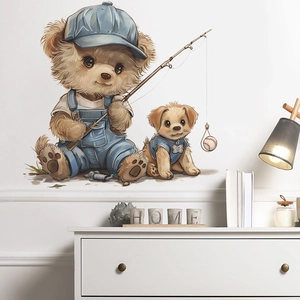 Cartoon Teddy Bear Fishing Baseball Wall Sticker For Kids Room Nursery Decor Removable PVC Waterproof Home Art Decal