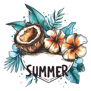 Detailed watercolor tropical sticker with hibiscus flowers, coconut, and summer lettering