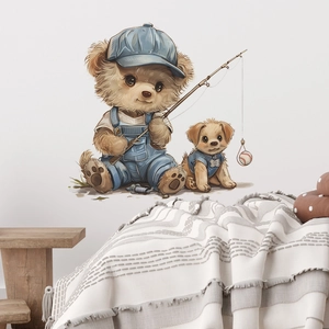 Cartoon teddy bear fishing wall sticker for kids bedroom with dog and blue overalls