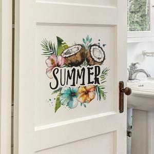 Close-up of Summer tropical wall sticker with coconut and hibiscus on a white wooden door