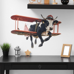 Adesivo murale con mucca pilota in aereo vintage rosso per decorazione camera bambini
