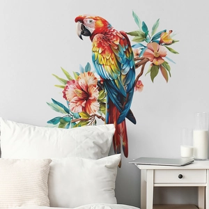 Colorful macaw parrot wall sticker with tropical hibiscus flowers for bedroom decor
