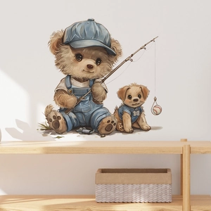 Detail view of cute cartoon teddy bear fishing baseball wall sticker for kids' rooms