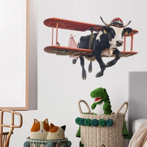 Adesivo murale mucca pilota su aereo rosso per decorazione camera bambini e asilo