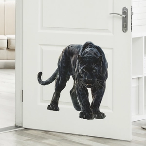 Detailed 3D black panther wall sticker applied on a white bedroom door for home decor