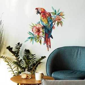 Vibrant parrot and floral branch wall sticker for a modern living room decor