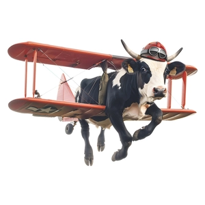 Adesivo murale creativo mucca pilota in aereo rosso per decorazione camera da letto