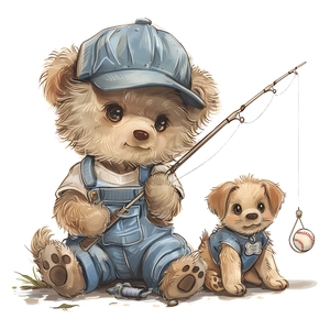 Cartoon bear fishing a baseball wall sticker for kids bedroom decor and nursery wall art
