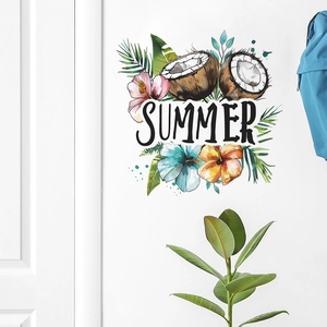 Tropical summer wall decal featuring coconuts and hibiscus flowers on white wall mockup
