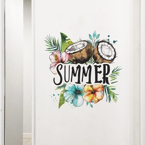 Detailed tropical summer wall sticker featuring realistic coconuts and hibiscus flowers