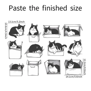 Detailed sheet of black and white cartoon cat stickers with precise size measurements