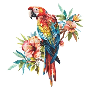 Vibrant parrot and pink hibiscus flower wall decals for kids bedroom decor