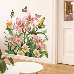 Romantic pink floral wall stickers with butterflies for home bedroom decoration