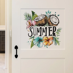 Detail of summer tropical wall sticker featuring coconut, hibiscus flowers and palm leaves