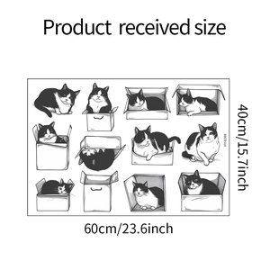 Detailed sheet layout of 12 hand-drawn cat and cardboard box wall stickers measuring 60x40cm