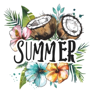 Watercolor tropical summer wall stickers featuring coconuts, hibiscus flowers and palm leaves