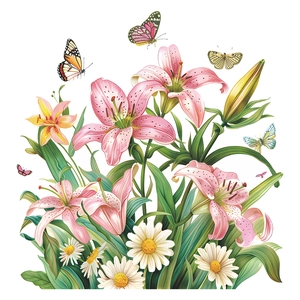 Romantic pink lily and daisy wall stickers with colorful butterflies for home decor