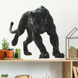 Realistic black panther wall sticker showing detailed muscle lines on bedroom wall