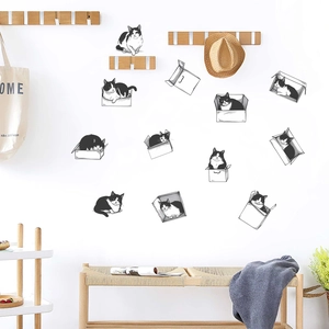 Cartoon Black and White Cat Cardboard Box Wall Stickers Removable PVC Decals for Bedroom Living Room Home Decor Accessory