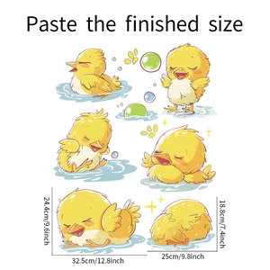 Detailed view of yellow chick wall stickers set with precise size measurements