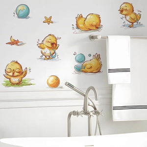 Stickers muraux de canetons jaunes rigolos pour salle de bain et chambre d'enfant
