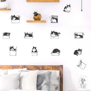 Black and white kitten in cardboard boxes wall decals set for cozy bedroom decor