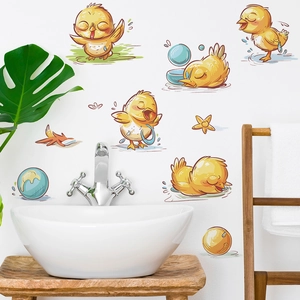 Mignons Stickers Muraux de Salle de Bain Poussin Jaune Imperméable Amovible PVC DIY Décalcomanies Murales pour Chambre d'Enfant