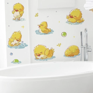 Cartoon yellow duck wall stickers for kids bathroom decor featuring playful duckling patterns