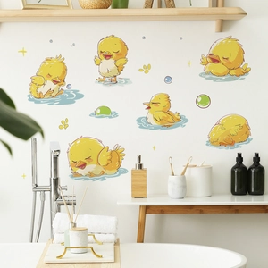 Cartoon yellow duck wall stickers for kids bathroom decor, PVC waterproof 6-piece set