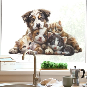 Realistic puppy and kittens window stickers for home decor with cozy animal pattern