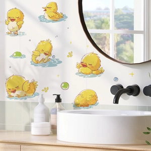 Detailed scene of cartoon yellow duck wall stickers in a modern minimalist bathroom