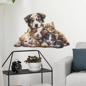 Detailed wall sticker showing a realistic Australian Shepherd puppy and four colorful kittens
