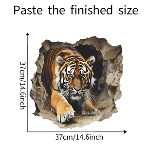 Detail showing 37x37cm dimensions of the 3D broken wall tiger wall sticker decal