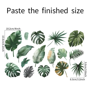 Detailed view of watercolor monstera leaves wall stickers with dimension measurements