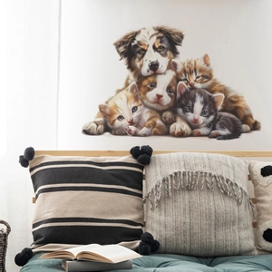 Cute Puppy And Kittens Wall Sticker PVC Self Adhesive Realistic Animal Decal For Kids Room Bedroom Home Decor