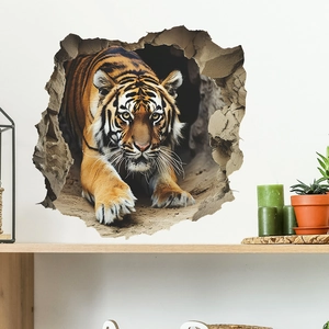 3D broken wall tiger wall decal for kids room featuring a fierce Bengal tiger jumping out