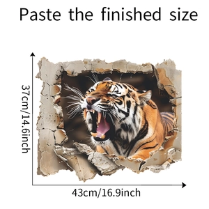 Detailed size dimensions for a 3D tiger wall sticker breaking through a stone wall