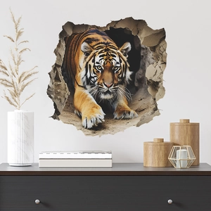 3D broken wall tiger sticker for kids room with realistic Bengal tiger coming through wall