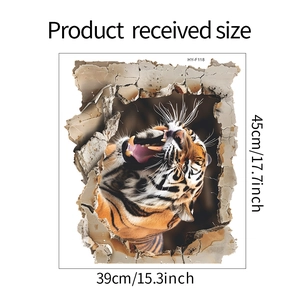 3D wall sticker with fierce tiger breaking through a wall design, measuring 45x39 cm