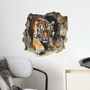 Detailed view of a 3D wall sticker featuring a fierce tiger breaking through a wall