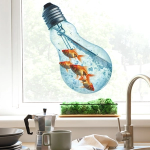 Creative light bulb fish tank wall sticker with goldfish on window glass for room decor
