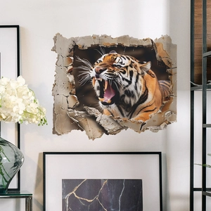 Detailed close-up of 3D tiger wall sticker with fierce roaring effect and broken stone wall