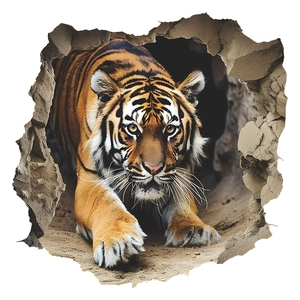 3D wall sticker featuring a fierce Bengal tiger breaking through wall for kids room decor