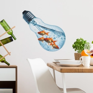 Creative light bulb fish bowl wall sticker with blue water and goldfish for home decor
