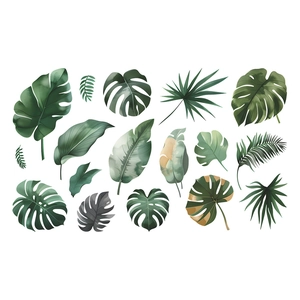 Tropical monstera and palm leaf wall stickers in green watercolor style for home decor